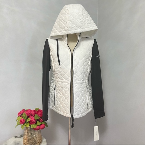 Calvin Klein Black & White Color Block Quilted Hooded Zip Up Jacket- Reemoly - Picture 13 of 15